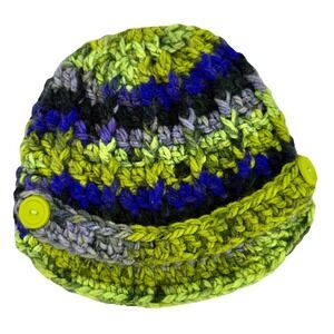 Hand Knit Visor Beanie Hat Chunky Green Blue Newsboy Winter Cap Button Brim OS‎